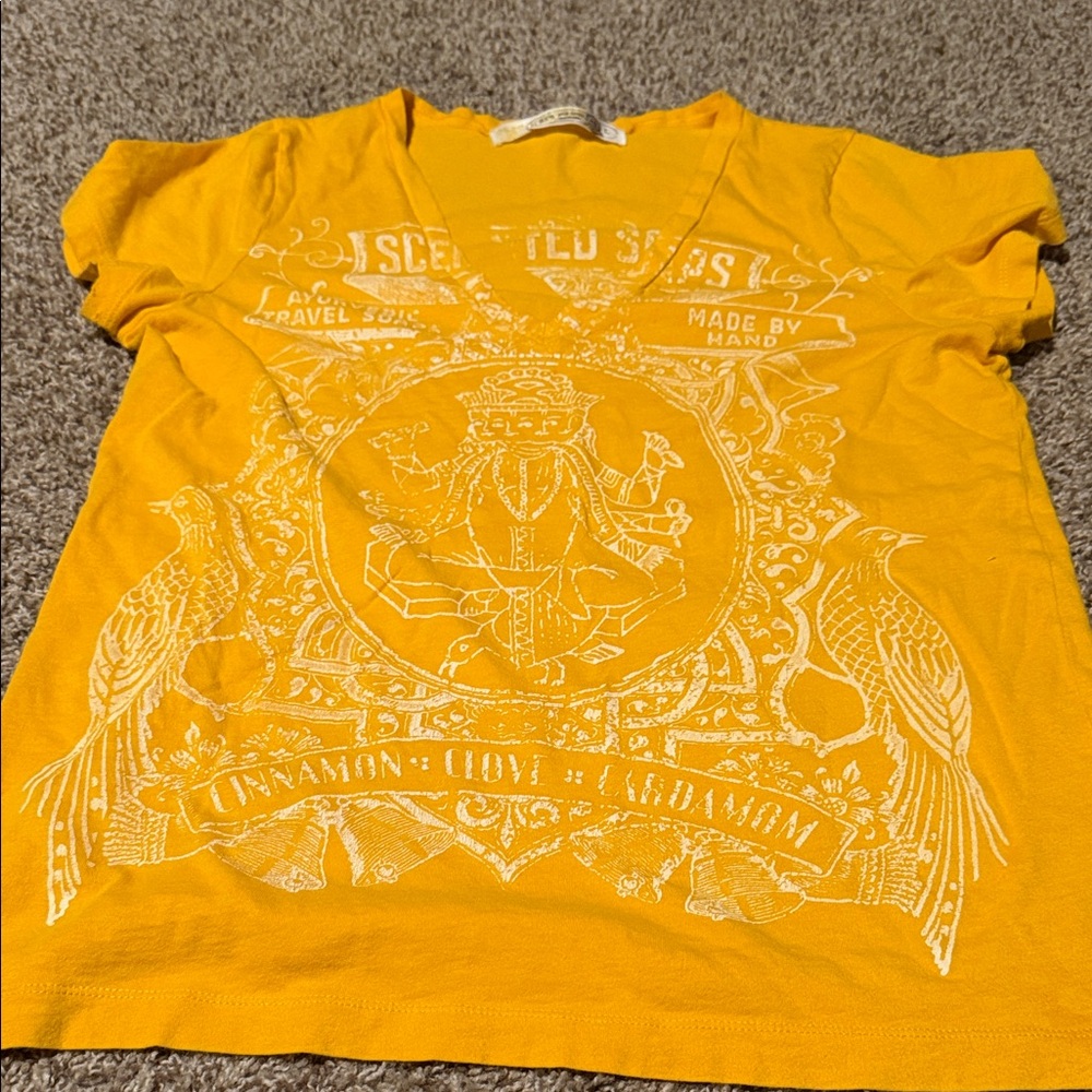 J. Crew Bright Yellow & White Ayurveda Theme Graphic V-neck T-Shirt (L) - EUC!